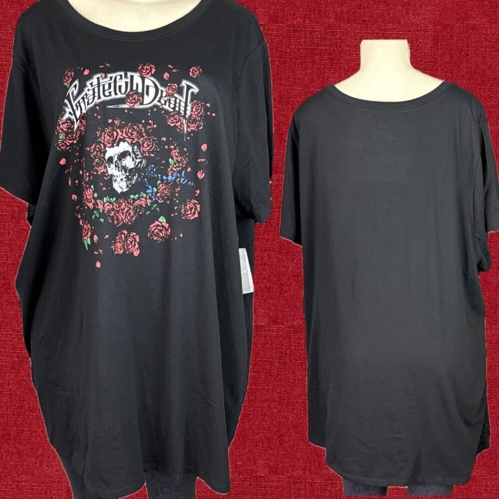 Grateful Dead +6 Black Logo Skeleton Rose Graphic Crew Neckline Short Sleeve Tee